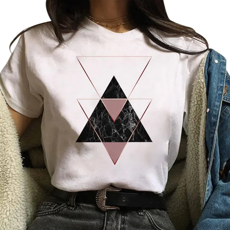 E25 indah geometris dicetak grafis T-shirt atasan Tee lucu lengan pendek wanita T shirt