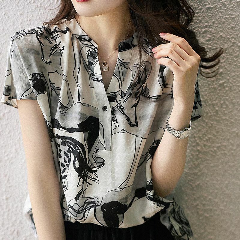 Fashionable Vintage Printed V-Neck Chiffon Blouse Women's Clothing 2023 Summer Casual Temperament All-match Short Sleeve Shirt