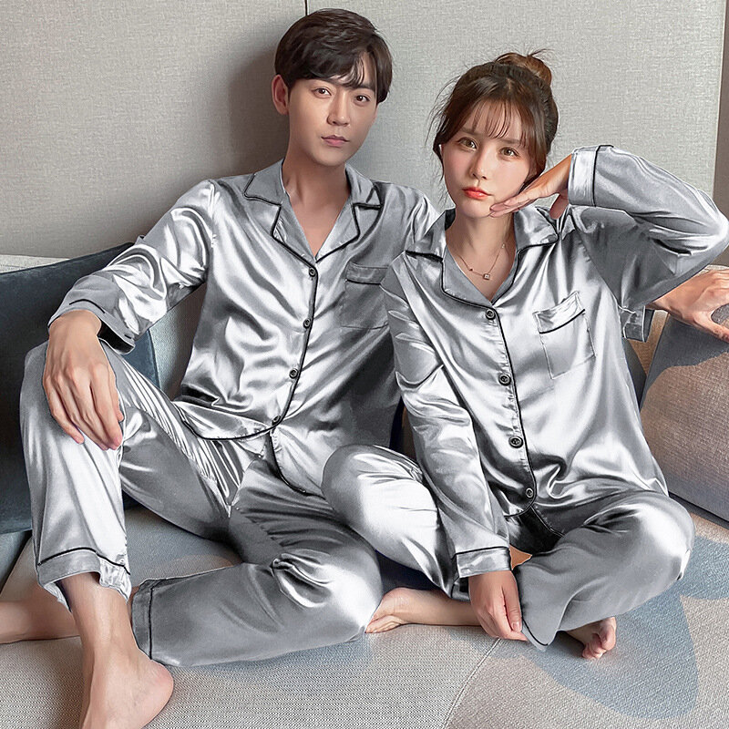 Conjuntos de pijama masculinos, pijama de manga comprida, loungewear, calças pijamas de cetim, pijama amante, plus size