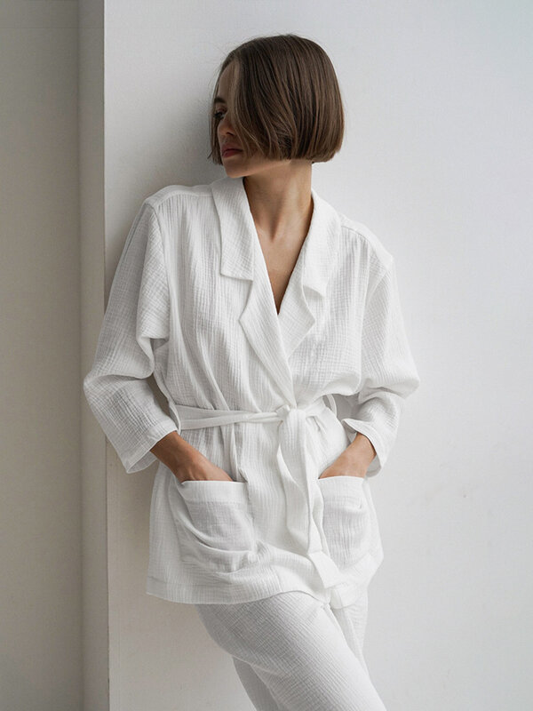 Terno pijama de algodão marthaqiqi para senhoras, pijamas com gola virada para baixo, manga comprida, calças de pijama com renda, conjunto casual de camisolas femininas