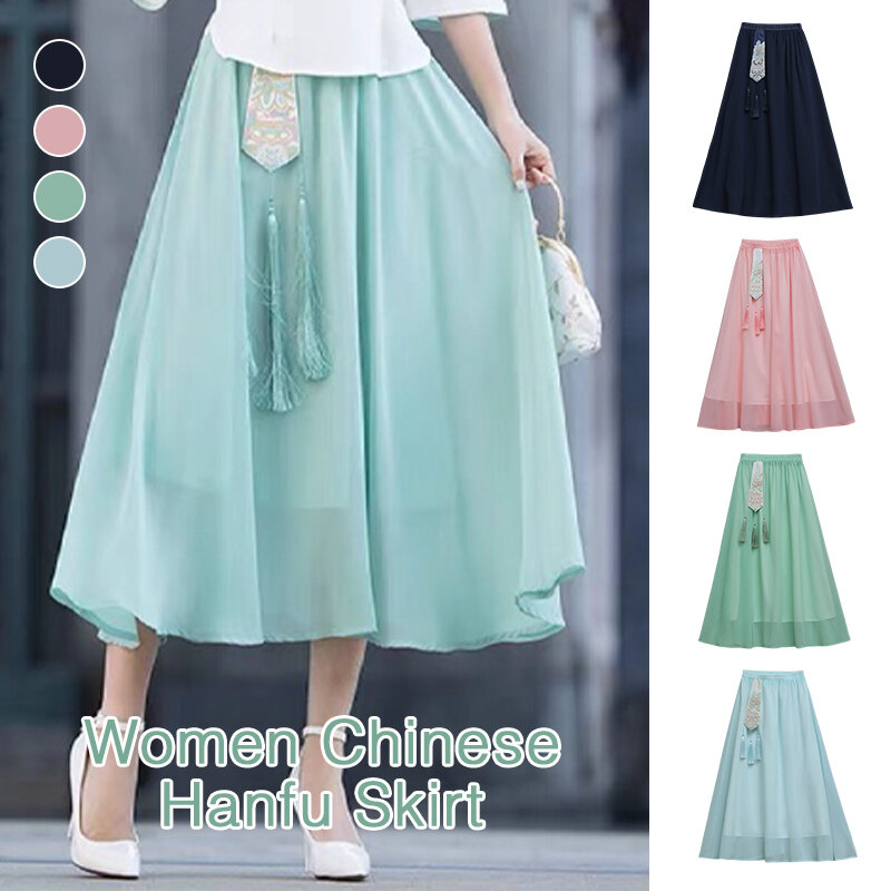 Hanfu chinês saia feminina verão midi cintura elástica chiffon malha bordado borla saia melhorada hanfu retro vestido de fadas