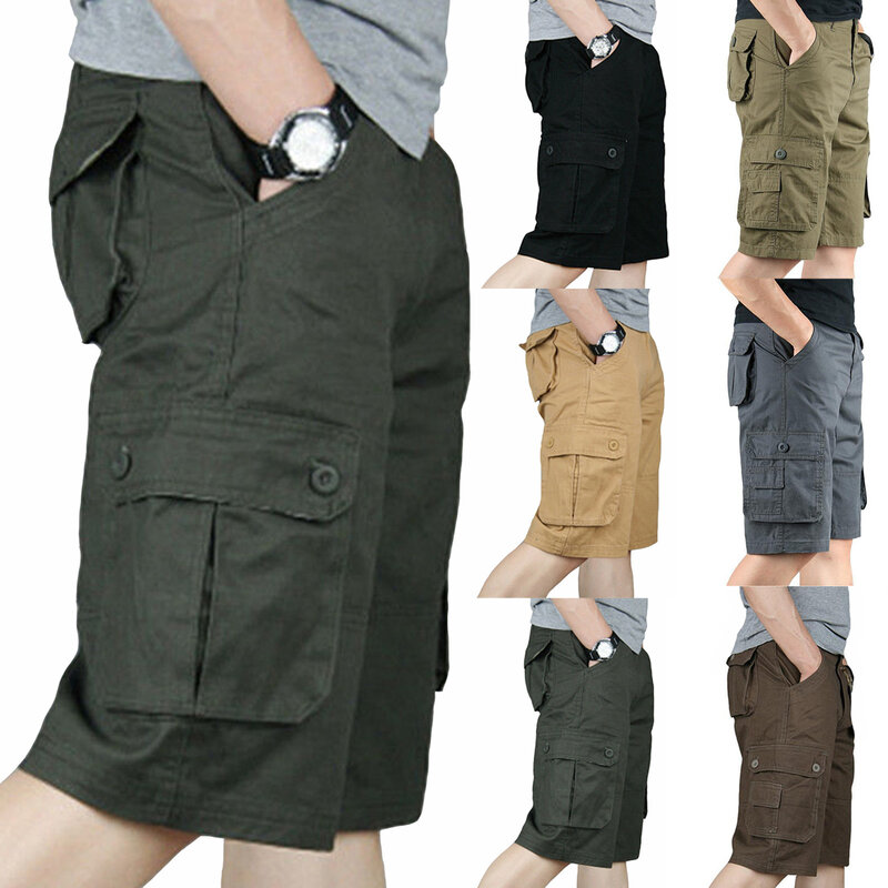 Mens Fashion Loose Casual Outdoor Shorts Multi Pocket Solid Color Cargo Pants Wide Leg Harem Shorts Pant Cropped Pantalones