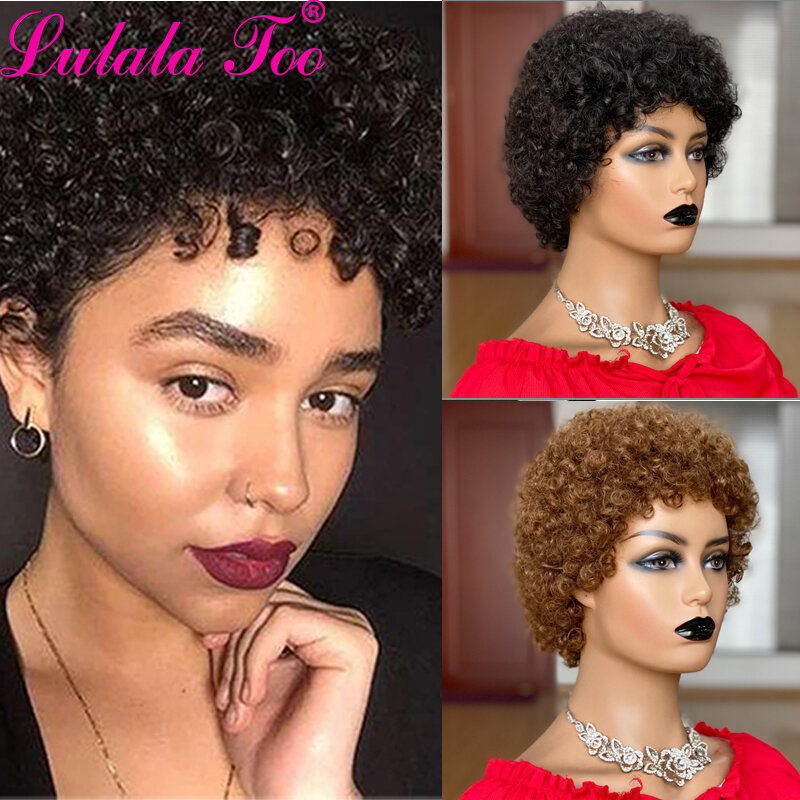 Krótki Afro peruka z kręconych włosów typu Kinky fryzura Pixie peruki brazylijski Remy włosy Afro Puff peruki z ludzkich włosów dla kobiet pełna Mahine Made peruki