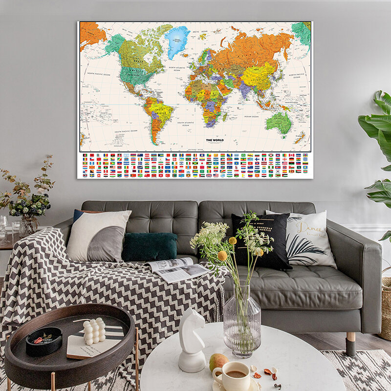 Mapa vintage do mundo com bandeiras do país, cartaz Atlas personalizado, material escolar, decoração para casa, 120x80cm
