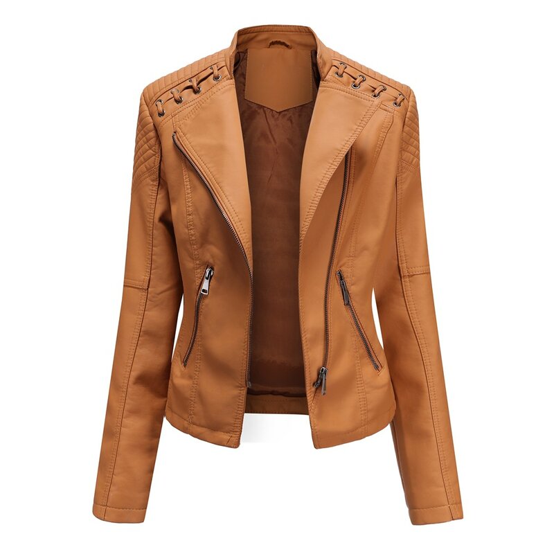 여성용 슬림핏 가죽 재킷, 얇은 용수철 타이 스트랩 재킷, 오토바이 세트 대형 스탠딩 칼라, 유럽 사이즈