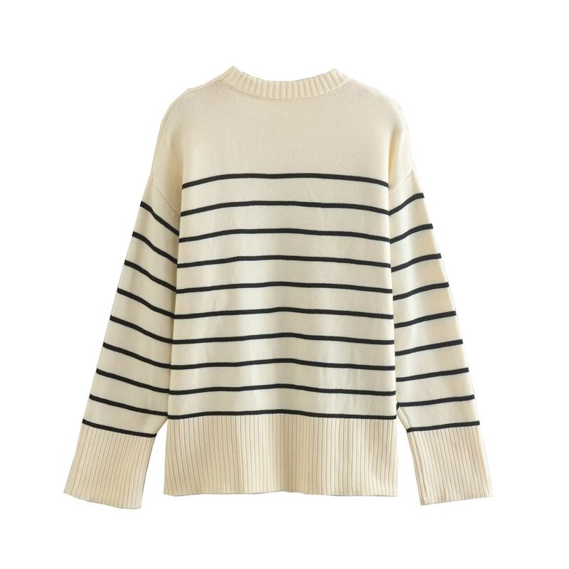 Women 2023 Autumn Fashion Casual stripe Knitted Sweater Vintage O Neck Long Sleeve Female Pullovers Chic Tops