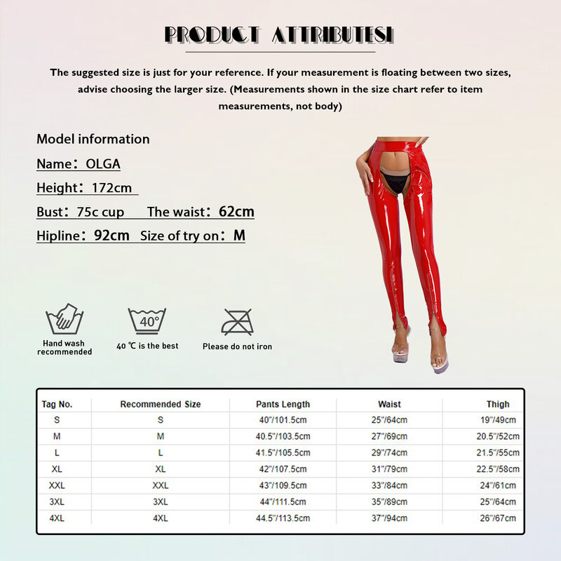 Womens Exotic Pants Shiny Wet Look Patent Leather Leggings High Waist Crotchless Backless Zipper Skinny Pants Clubwear Trouser
