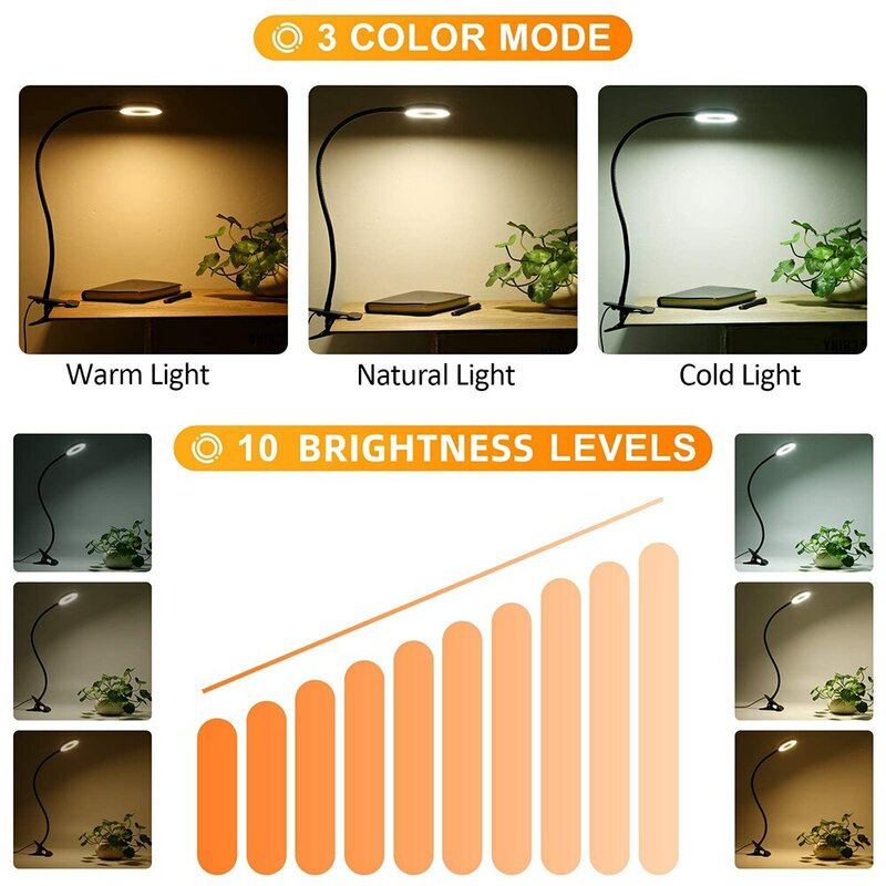 48 LEDs lámpara de escritorio clip USB libro luz 360 ° flexible protección ocular cuello de cisne luz de lectura brillo ajustable 3 niveles