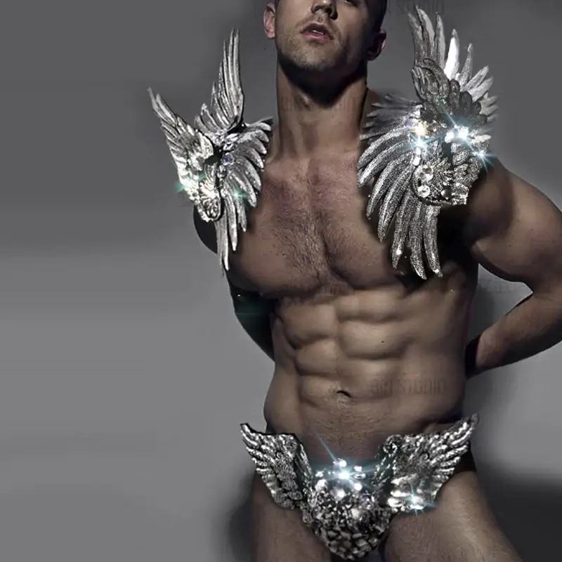 Silver Sequins Wing Muscle Men Nightclub Gogo Dance Stage Costume Shoulder Accessories Pole Dance Clothes Rave Outfit