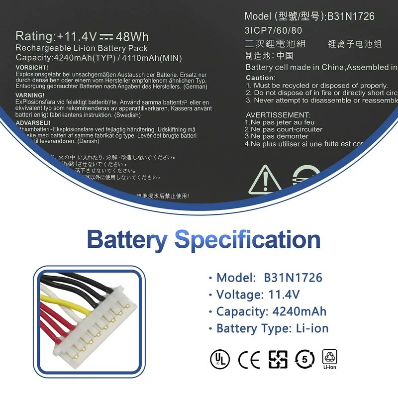Batterie pour ordinateur portable compatible avec Bali, B31N1726, FX80, FX86, TUF, FX504, FX504GE, FX504GM, FXaffair, FX505DT, FX505DY, FX505GE, FX505GD, FX505GM