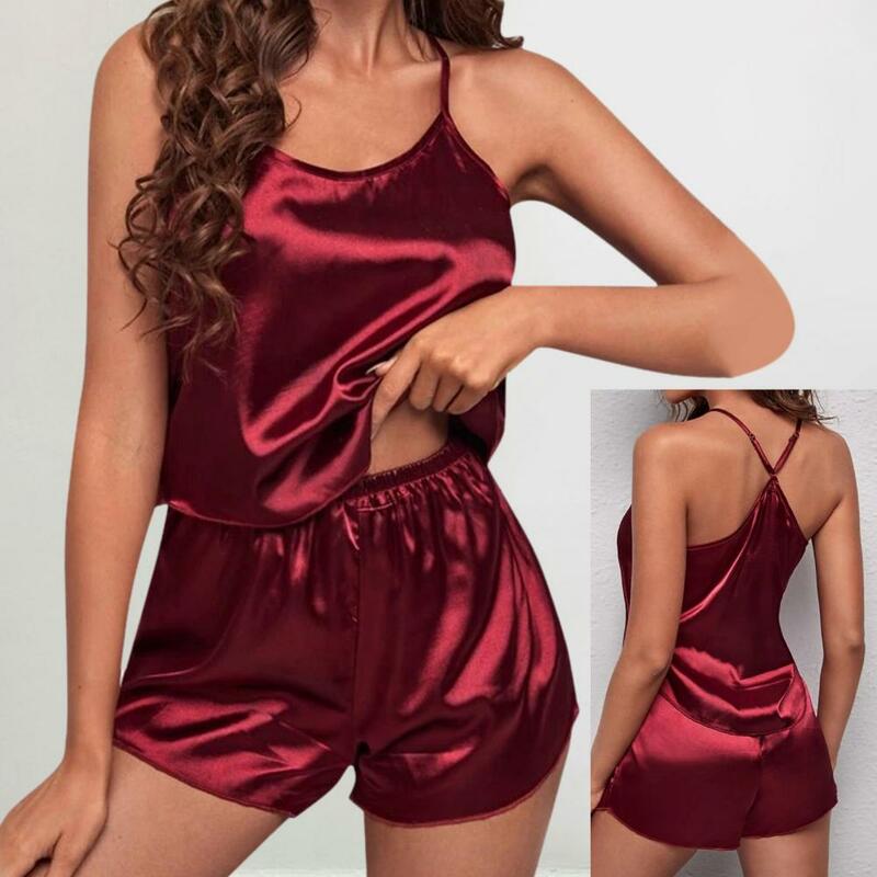 Lady Mini Shorts Set Elegant Satin Summer Pajama Set with Spaghetti Straps Off-shoulder Design for Women Vest Elastic Waist