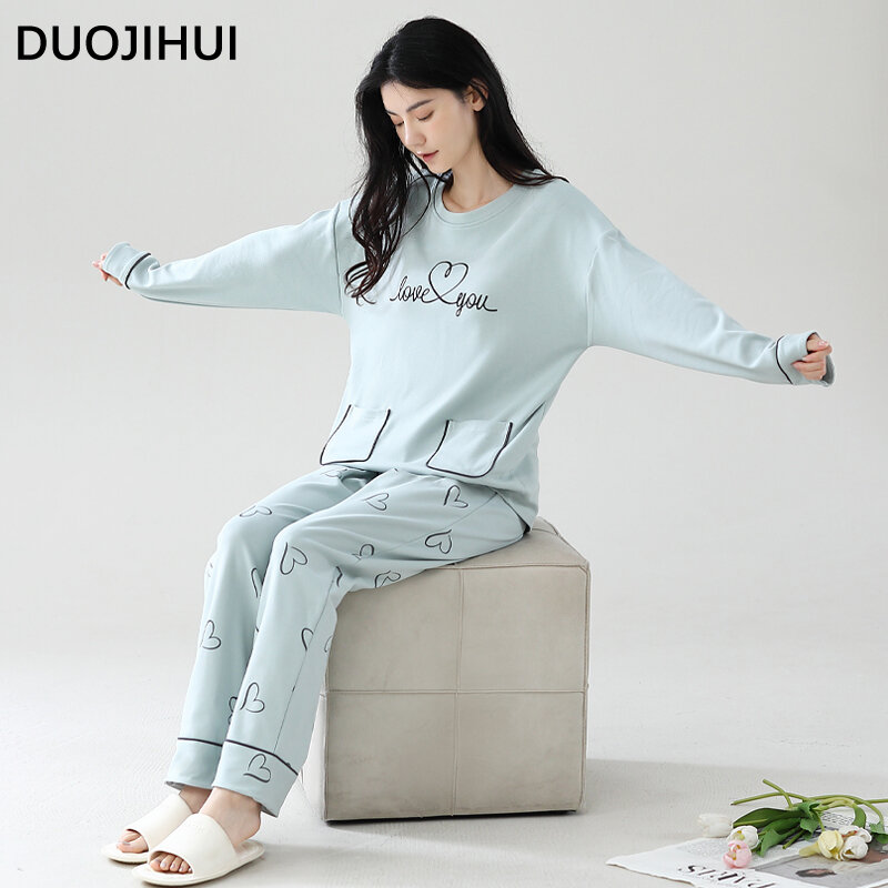 DUOJIHUI Pure Color Chic Pocket Casual Pajamas for Women Autumn New with Chest Pad Pullover Basic Pant Simple Female Pajamas Set