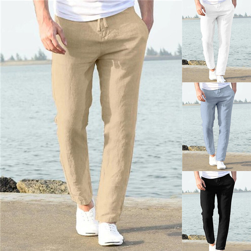 Мужские летние спортивные брюки из хлопка и льна в стиле ретро, мужские повседневные однотонные брюки-султанки, модные Универсальные прямые брюки, 2024