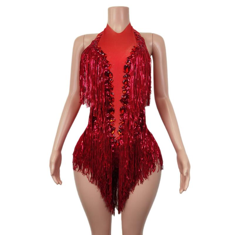 Flashing Red Sequins Fringes Rhinestones Transparent Bodysuit Woman Evening Birthday Celebrate Costume Dancer Leotard Shuye