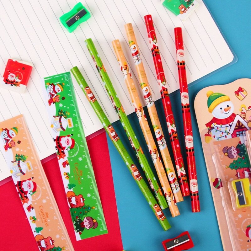 regalo papelería para aula incluye lápiz, borrador, regla y sacapuntas.