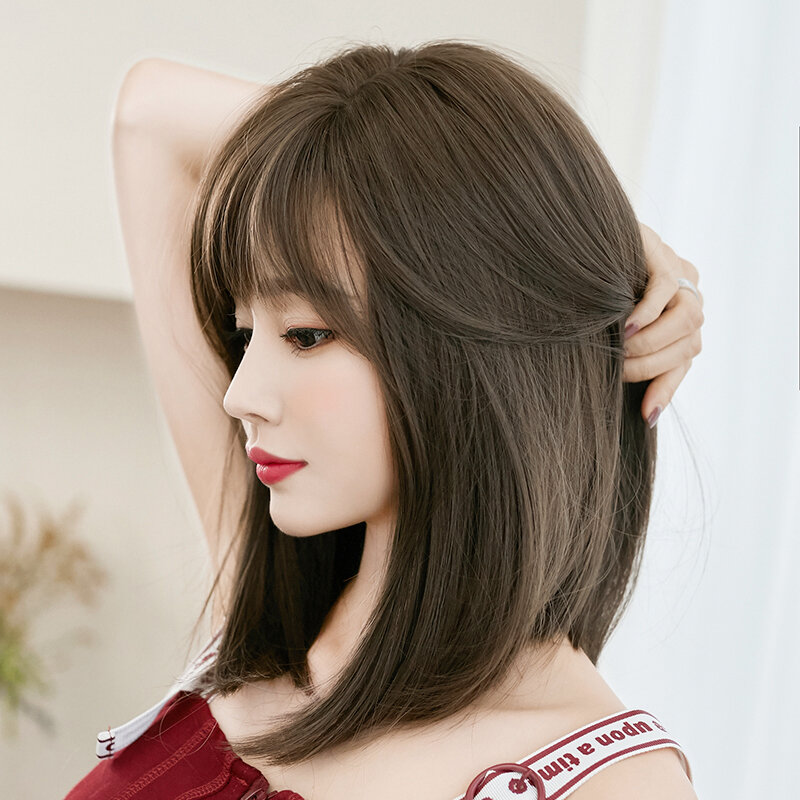 7JHH WIGS High Density Synthetic Straight Cool Brown Wig for Women Daily Use Shoulder Length Layered Brown Hair Wigs with Bangs