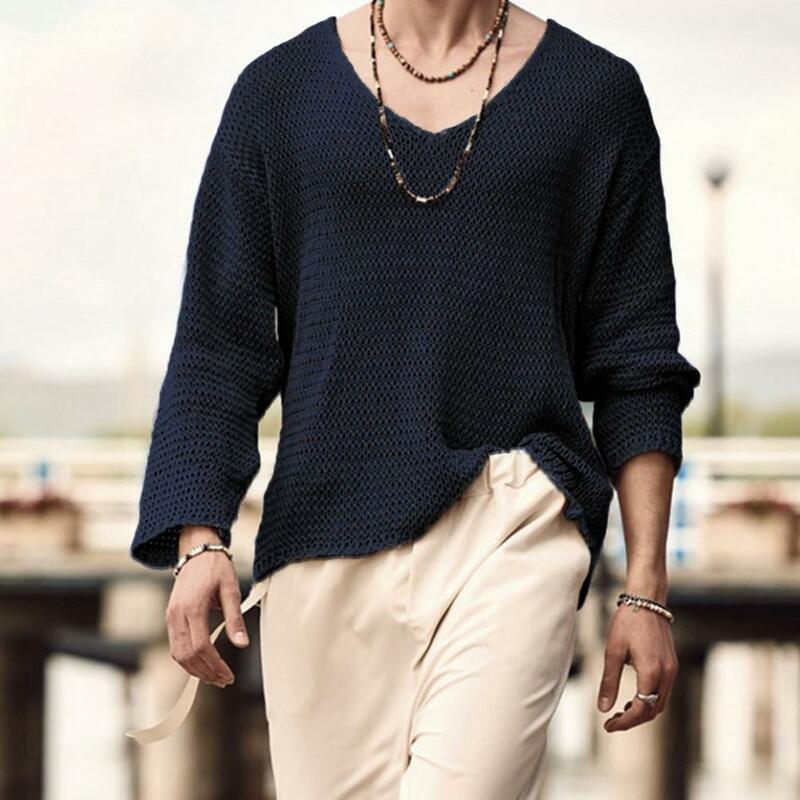 남성용 경량 V넥 풀오버 스웨터, 할로우 아웃 디자인, 단색 니트웨어, 용수철 스트리트웨어