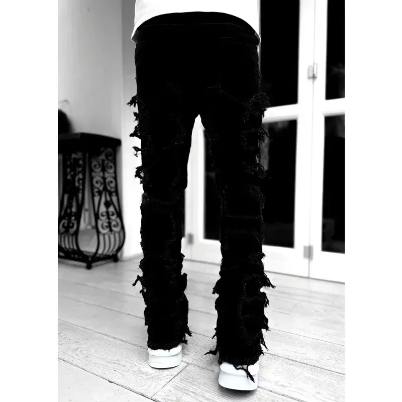 European and American jeans men's straight street personality fashion elastic  ripped solid color jeans  ripped jeans  pants y2k