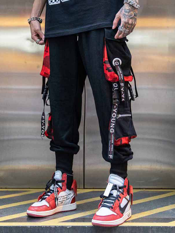 Joggers Cargo Pants for Men Casual Hip Hop Hit Color Pocket Male Trousers Sweatpants Streetwear Ribbons Techwear Pants