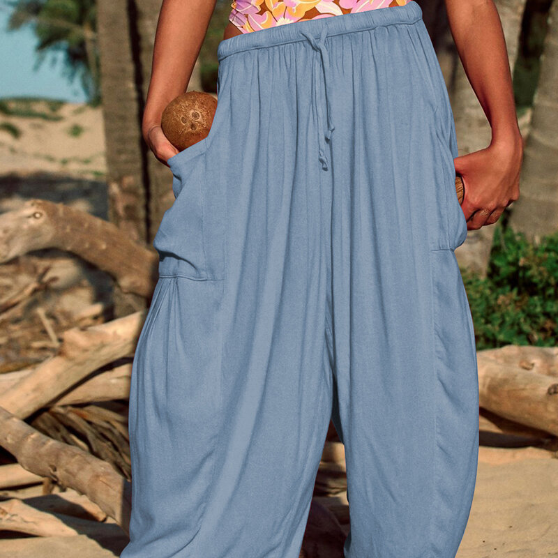 Celana Yoga olahraga celana Harem wanita pinggang tinggi celana wanita longgar tipe sedikit elastis warna Solid kualitas tinggi
