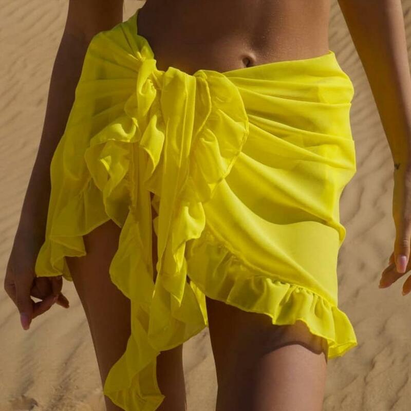 Ropa de playa con cordones para mujer, elegante falda de playa con ribete de volantes, Color sólido, cubierta de Bikini con protector solar para verano