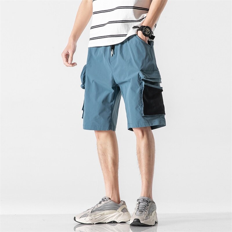 Shorts masculinos de emenda personalizados, puro algodão, moda de trabalho, bolsos grandes, casual solto, moda verão 2023