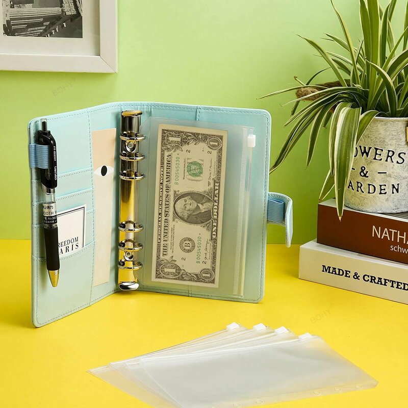 A6 Binder Budget PU Leather Planner Pockets Cost Sheet Notebook Cash Envelope Organizer System Clear Zipper Accessories