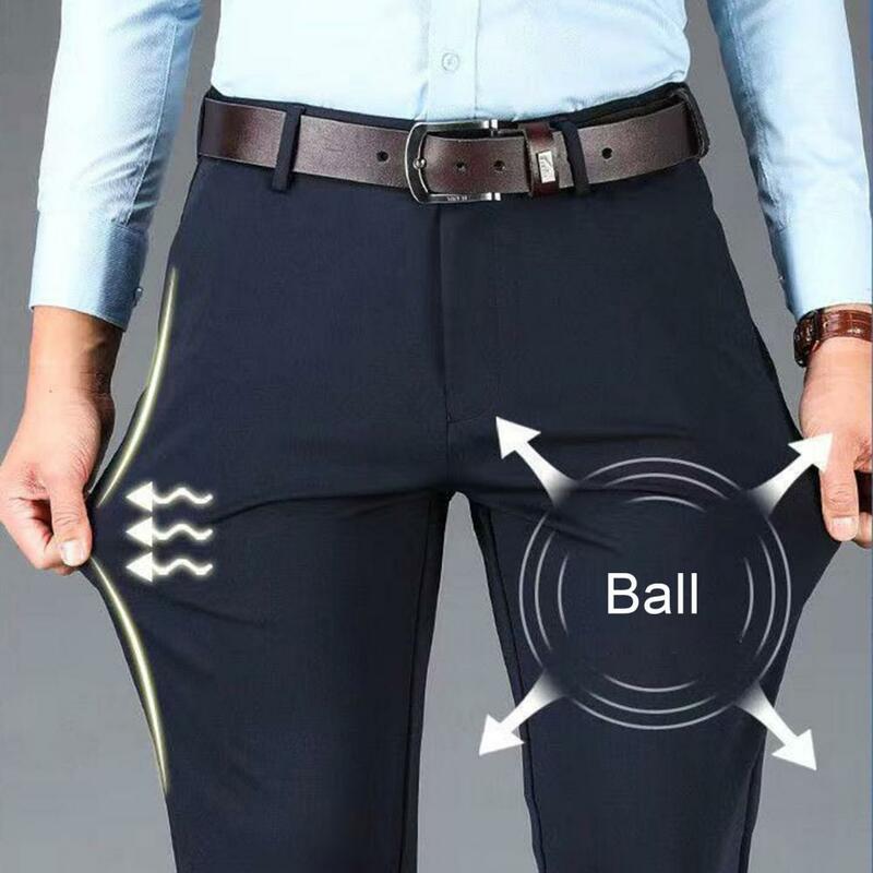 Celana panjang hangat untuk pria, setelan celana panjang bisnis modis dengan pinggang tinggi selangkangan dalam kantong samping nyaman musim dingin untuk pria
