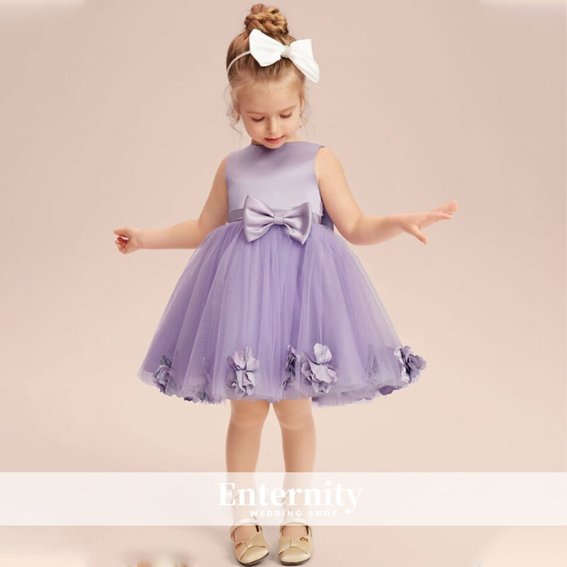 Gaun anak perempuan putri gaun anak perempuan model A-line ikatan simpul 3D bunga pinggang gaun anak perempuan selutut lengan gaun indah Vestidos Para Anak