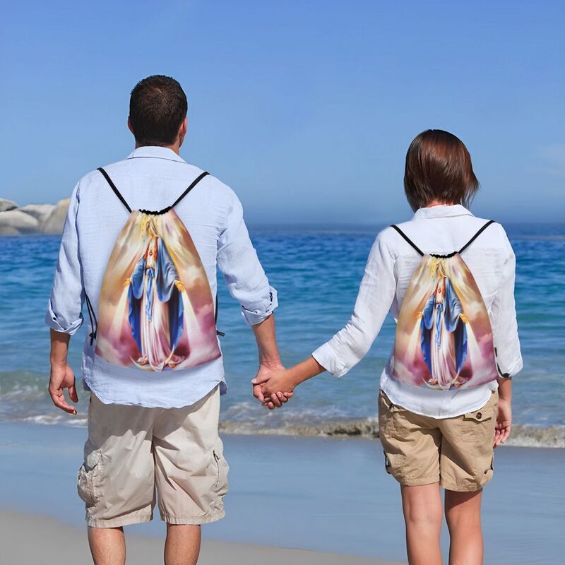 Katholische Jungfrau Mary Kordel zug Taschen Frauen Männer tragbare Sport Sport Sackpack unsere Dame von Guadalupe Shopping Rucksäcke