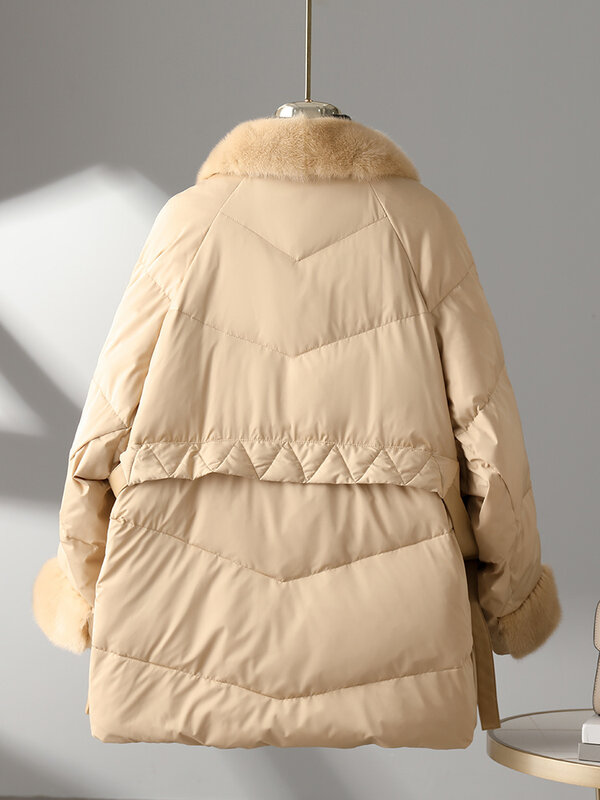 Casaco de gola de pele de vison para mulheres, casaco de inverno médio, nova moda, 2023