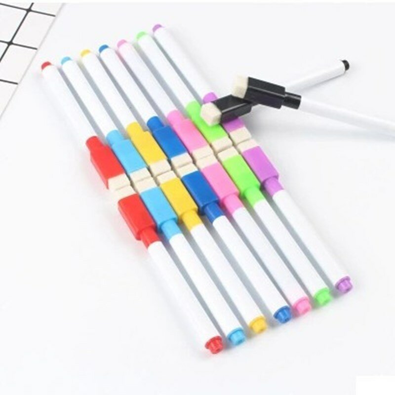 8 Stks/partij Kleurrijke Zwarte Schoolklaslokaal Whiteboard Pen Droog Wit Bord Markeringen Ingebouwd Gum Student Kinderen Tekenpen