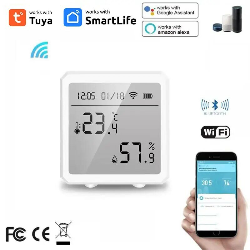 Sensor de Temperatura e Umidade WiFi, Higrômetro Inteligente Tuya Interior, Termômetro com Display LCD, Suporta Alexa e Google Assistant