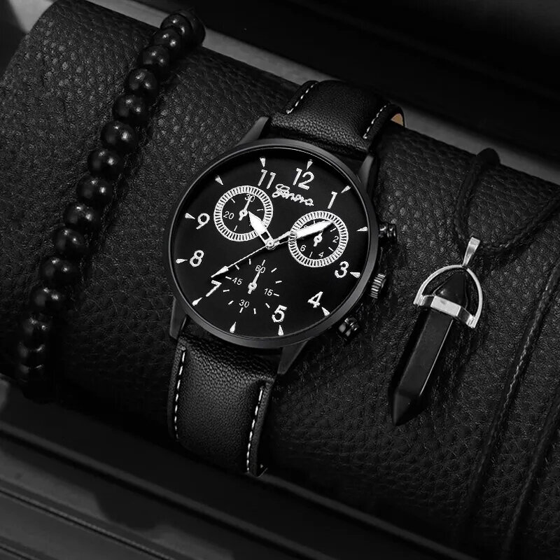 Conjunto de 3 piezas para hombre, relojes de negocios a la moda, pulsera informal con cuentas y collar, de cuarzo y cuero negro