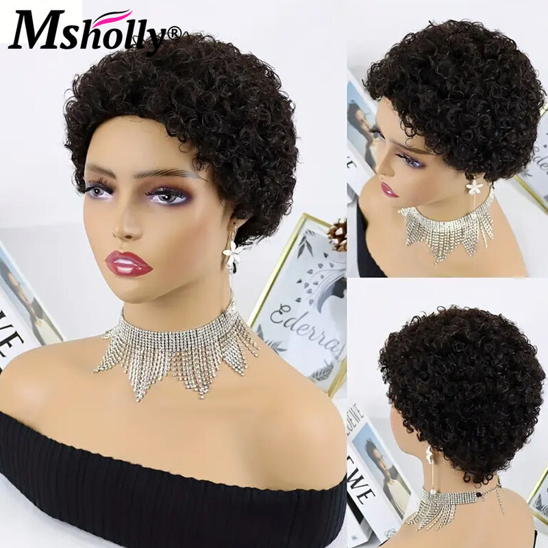 Kręcone krótkie fryzura Pixie peruka z ludzkich włosów Remy bezklejowa gotowa do noszenia czarnej peruka z kręconych włosów typu Kinky Afro, pełna maszyna wykonana peruki z grzywką
