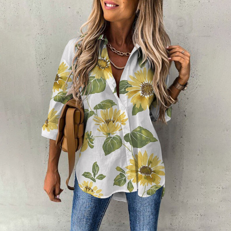 Women's New Button Collar Fashion Sunflower Print Long Sleeves Shirt Boho Retro Print T-Shirt Slim Top Casual Tops Oversized