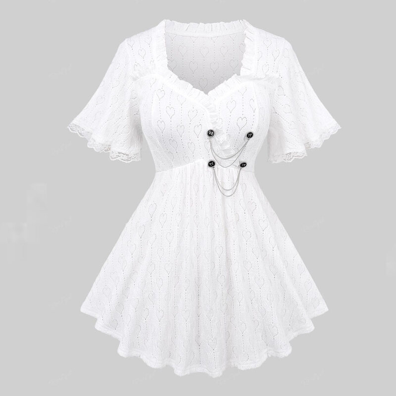 ROSEGAL Plus Size Women's T-Shirts White New Pointelle Hollow Out Heart Lace Trim Ruffles Bowknot Buttons Chains Panel Top
