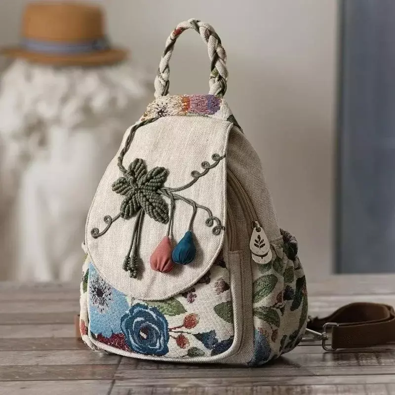 Ethnic Style Backpack Hand Woven Double Shoulder Multi Compartment Lightweight Canvas Commuting Multi-functional Chest Bag 2024