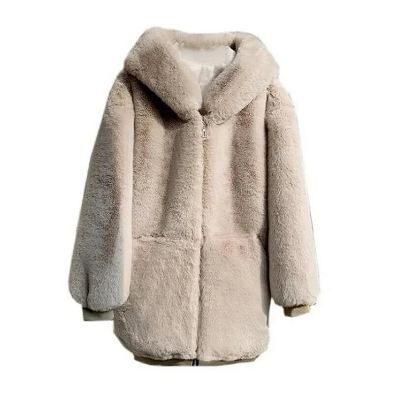 Moda pelliccia sintetica inverno maglione sciolto donna spessa calda pelliccia calda cappotto peloso cerniera di media lunghezza con cappuccio cappotto di pelliccia di visone impermeabile