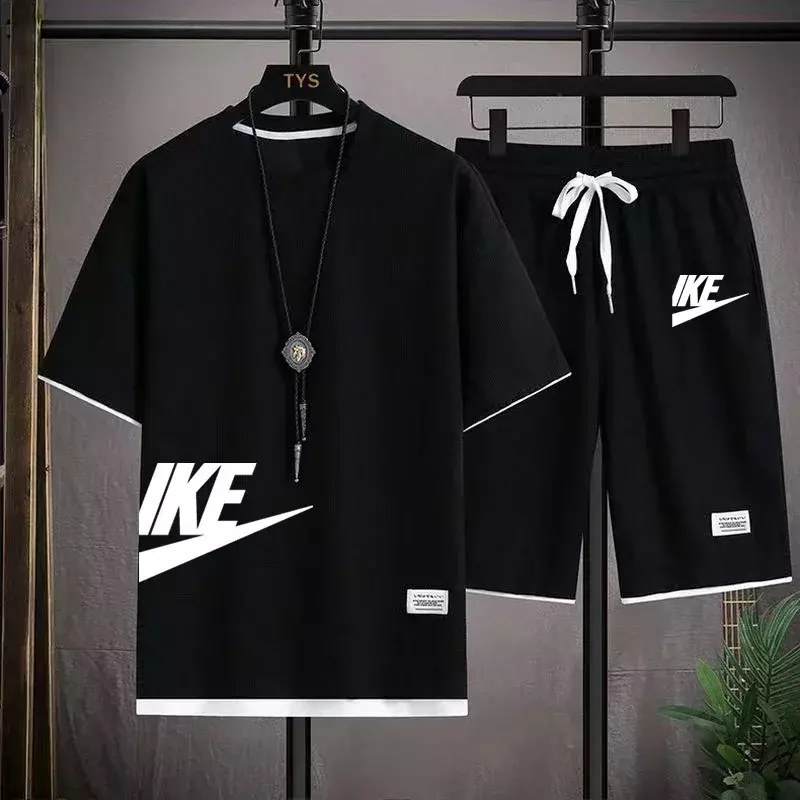 Conjunto de camiseta de manga curta waffle e calções de jogging, moda masculina esportiva, basquete fitness, verão, 2 conjuntos