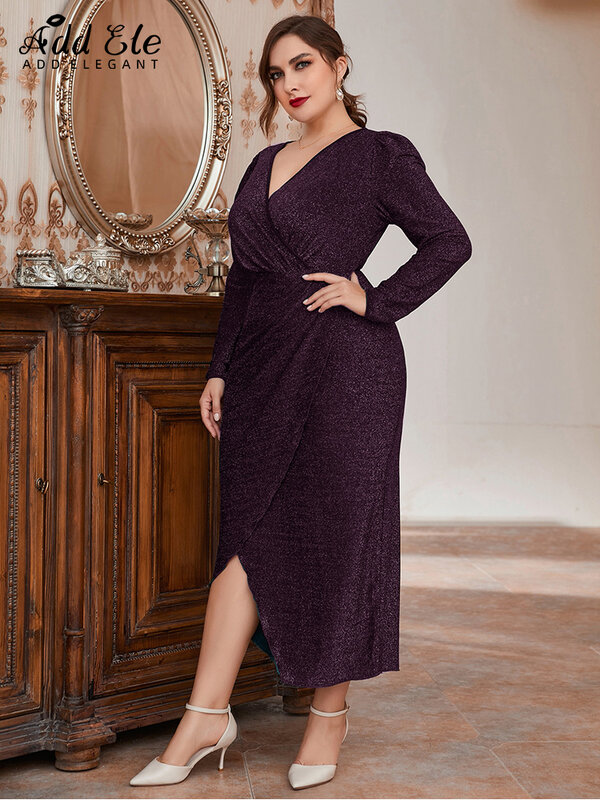 Add Elegant 2022 Autumn Plus Size Wrap Dress for Women Glitter Fitted Deep V Neck Front Fork Female Fashion Party Dresses 513