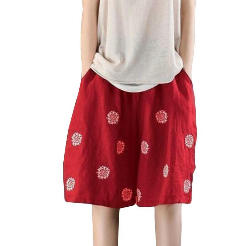 Women Mid-rise Shorts Floral Print Wide-leg Lounge Shorts with Adjustable Drawstring Pockets for Women Retro Style Mid-rise
