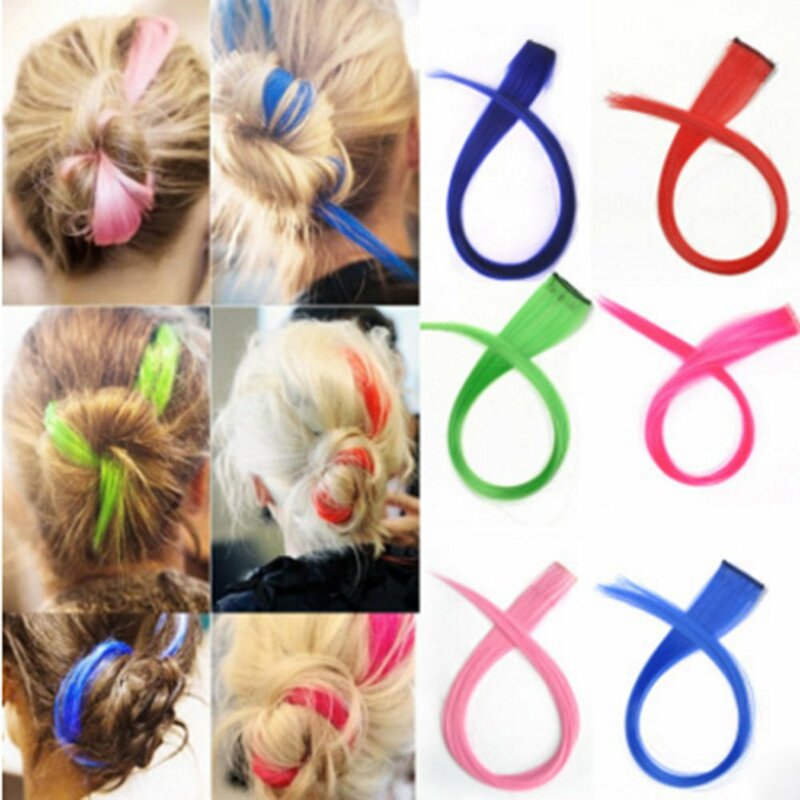 Clip colorido em extensões de cabelo, hairpieces sintéticos retos, destaques do partido colorido, arco-íris, 55cm, 13 pcs