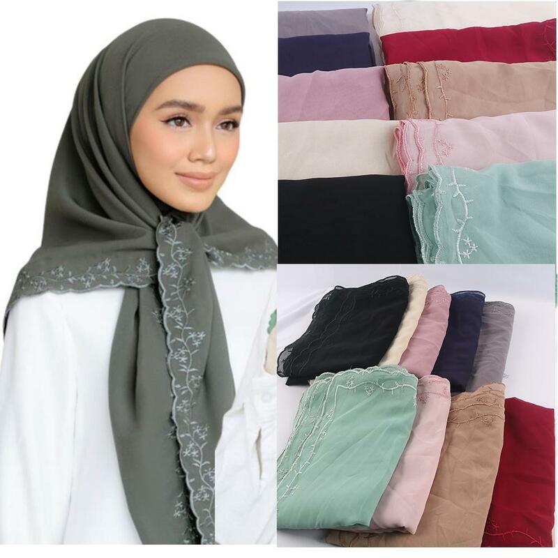Lenço Chiffon Bordado Sqaure para Mulheres Muçulmanas, Hijabs, Xaile, Tudung, Bidang, Voile, Xaile, 125x125cm