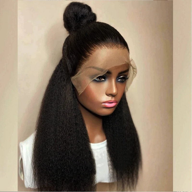 Glueless Black Kinky Straight Baby Hair Lace Front Wig para mulheres negras, pré-arrancadas, resistente ao calor, 26 in, 180Density