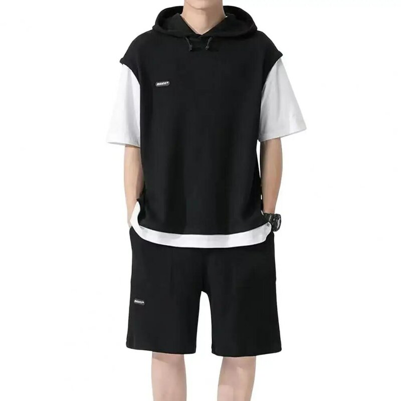 Conjunto de roupas esportivas casuais masculinas, roupa falsa de duas peças, parte superior com cordão com capuz, calção elástica na cintura, textura waffle para ativo