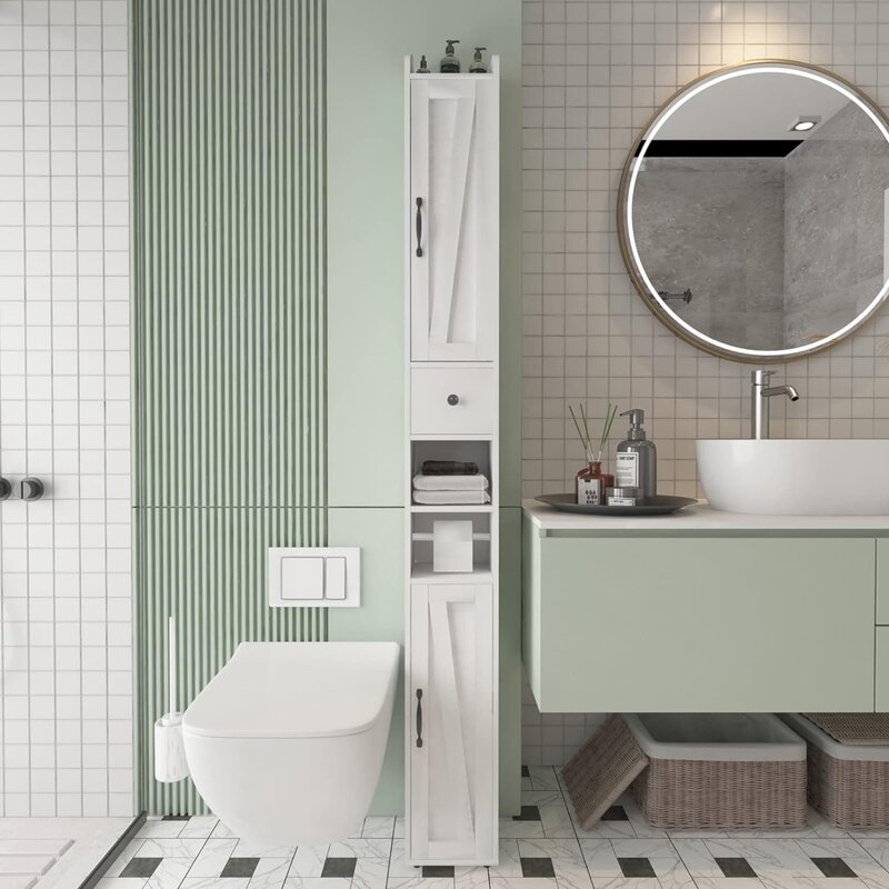 Badezimmers chrank mit 2 Milchglas türen, hoher schmaler Schrank mit verstellbaren Türen und Regalen, 8 Ablage fächer