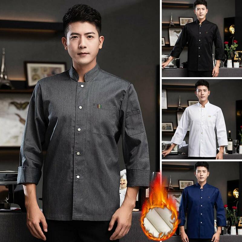 Non-stick Funisex Hotel Canteen Shirtabric Unisex Long Sleeve Chef Uniform with Stand Collar Patch Pocket for Hotel Canteen