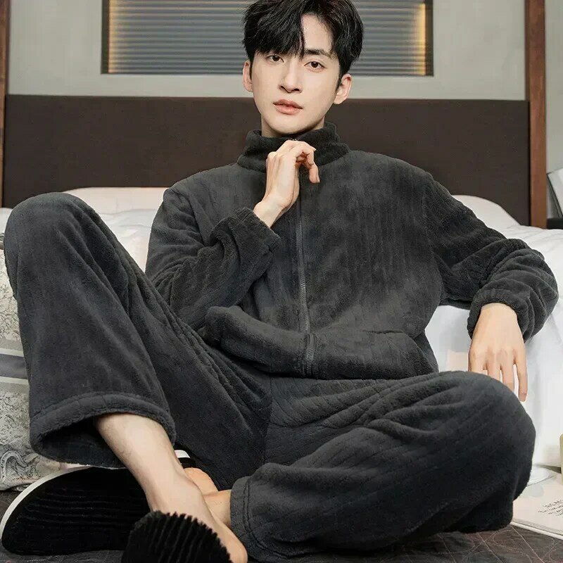 Piece Soft Home Sleeve Male Men's Long Nightwear Flannel Sleepwear Loungewer Sets Pajamas Winter 2 Warm Pijama Suit Thicken