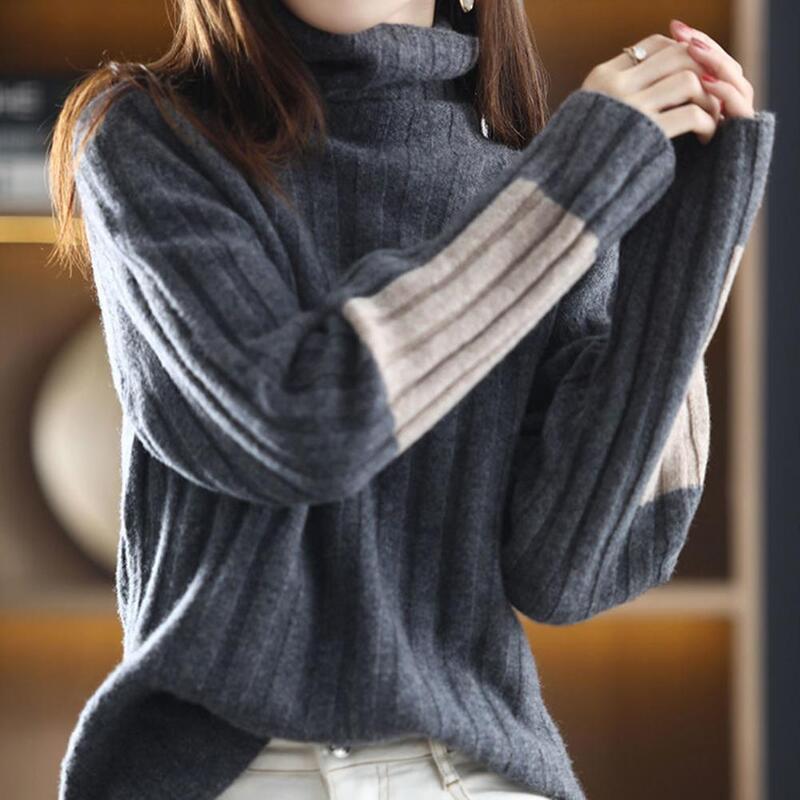 Suéter feminino macio elástico de gola alta, camisola solta, aconchegante pulôver de malha, proteção de cor, pescoço